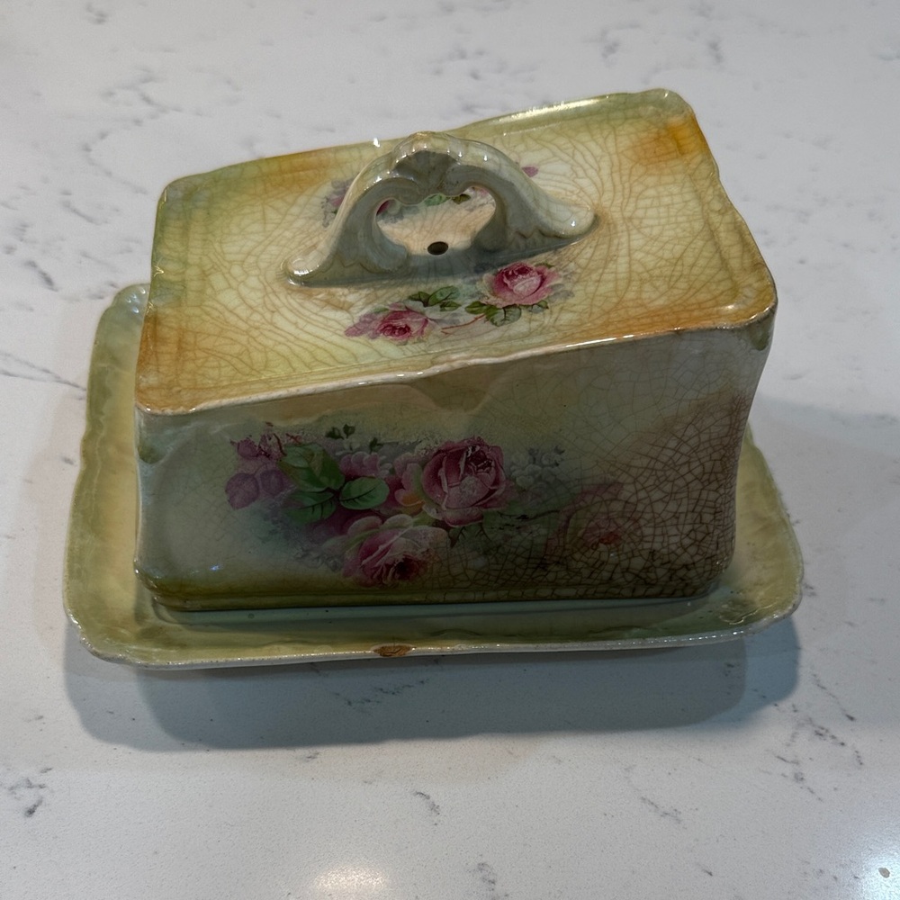 Antique Floral Ceramic Butter Dish with Handle